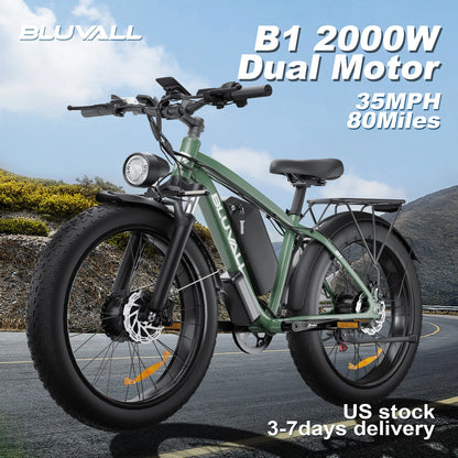 Yowamishi Pedal: BLVALL B1 48V 2000W Full Suspension E-Bike CE Certified 26 Inch Fat Tires Hidden Dual Battery Snow Beach Electric Bicycle