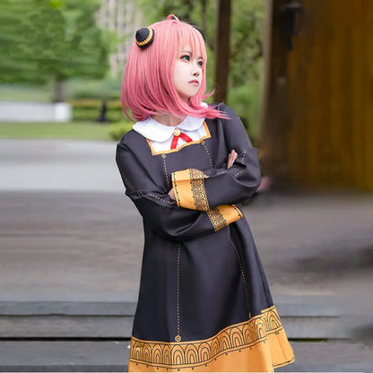 Spy x Family: Anya Forger Cosplay Costume Set for Black Dress Uniform Pink Wig And Stockings for Child Girls Party O