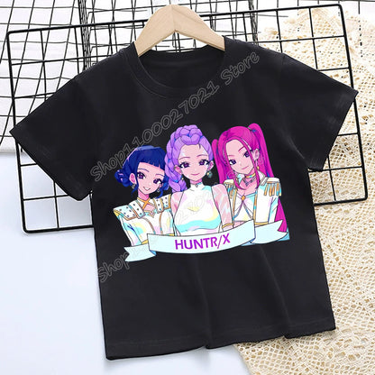 KPop Demon Hunters: T-shirt for Children Cartoon Black Tee Top Girls Round Collar Short Sleeve Clothes Kids Summer Clothing Gift