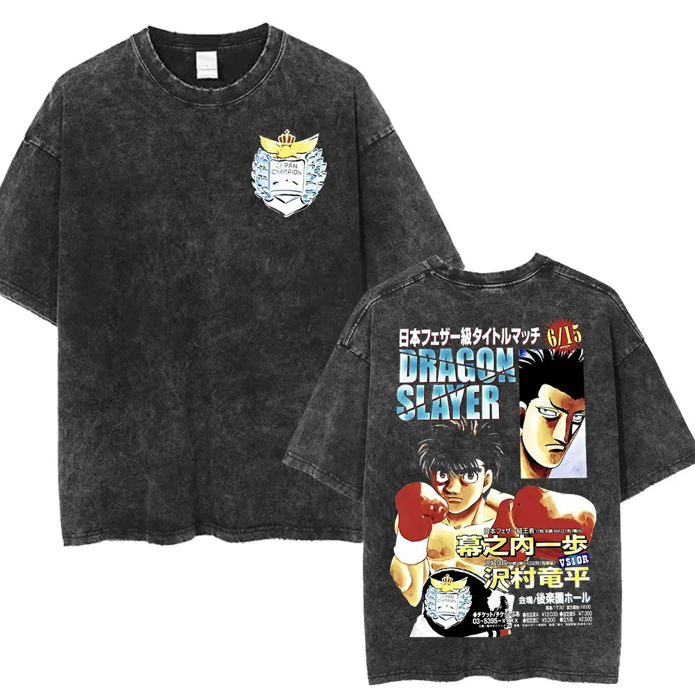 Anime Ippo Makunouchi Manga Graphic Print T-shirt Retro Washed Cotton Oversized Men Women Summer Harajuku Fashion Casual New Tee
