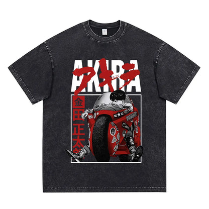 Akira: Washed Vintage T Shirt Science Fiction Cartoon Movie Shotaro Kaneda T-shirt Cotton Casual T-shirt