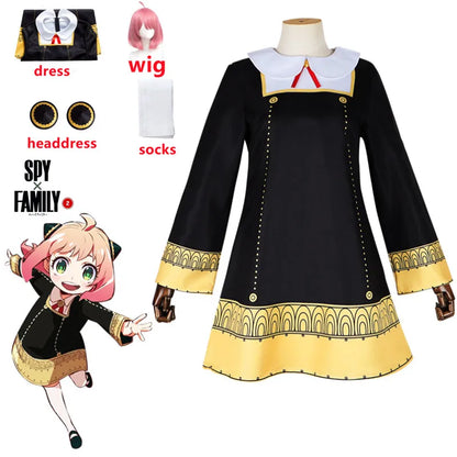 Spy x Family: Anya Forger Cosplay Costume Set for Black Dress Uniform Pink Wig And Stockings for Child Girls Party O