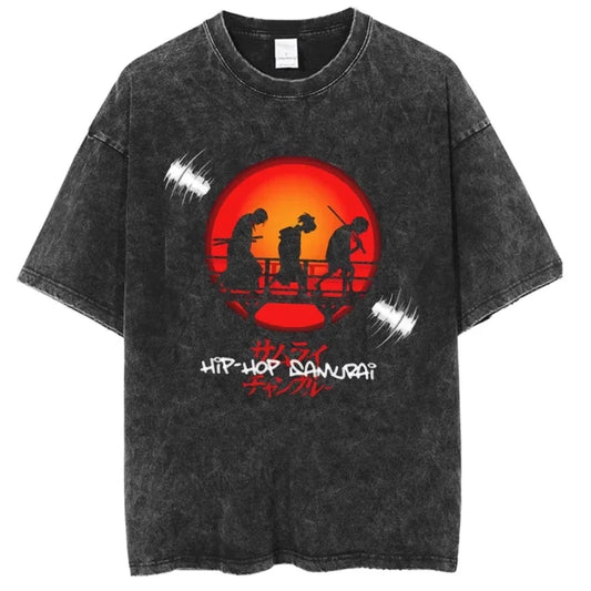 Samurai Champloo: Clothing Pure Cotton Short-Sleeved Tees Anime Graphic T-Shirt Vintage Washed Oversized T-Shirts