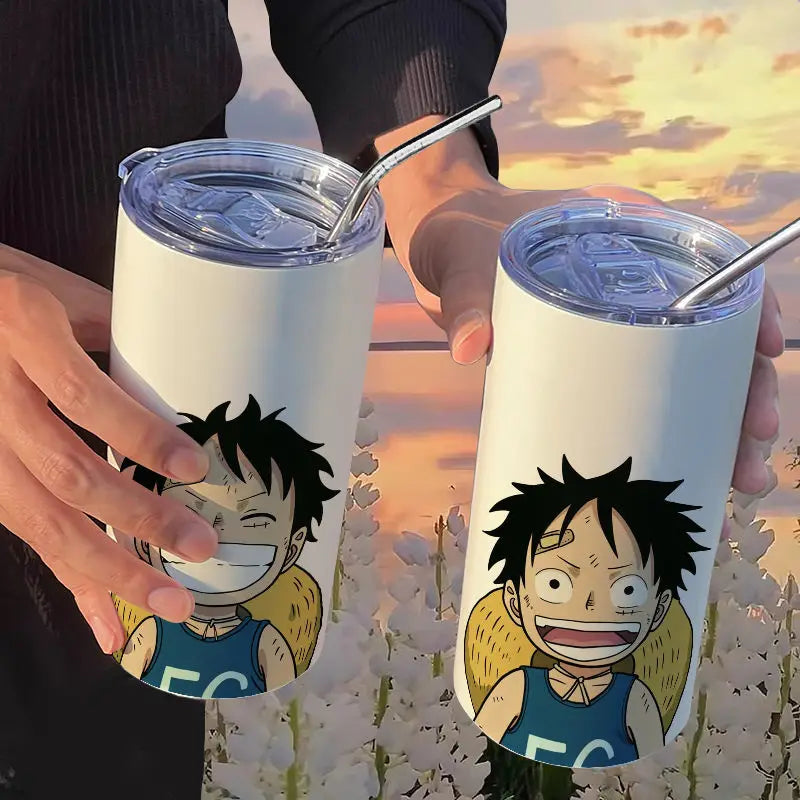 One Piece: Luffy Roronoa Zoro Coffee Cups with Straw Kawaii Cartoon Anime Nami Portgas D Ace Portable Stainless Steel Thermos Cup