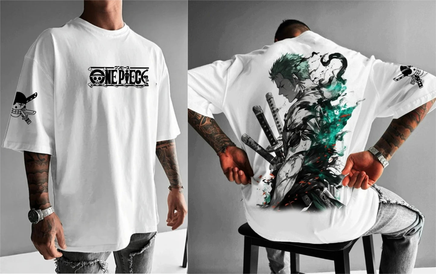 One Piece: Zoro - Japanese-style Animation Loose Large-size Retro Heavy Cotton Couple Crew Neck Short-sleeved T-shirt