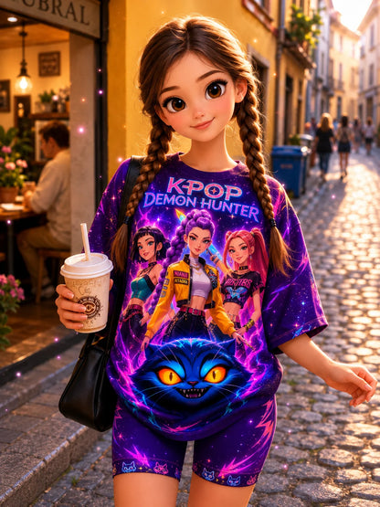 KPop Demon Hunters: Girls Purple Galaxy  2Pcs Outfit Anime Girl & Magic Cat Print Tee Neon Cat Pattern Biker Shorts Kids Summer Set