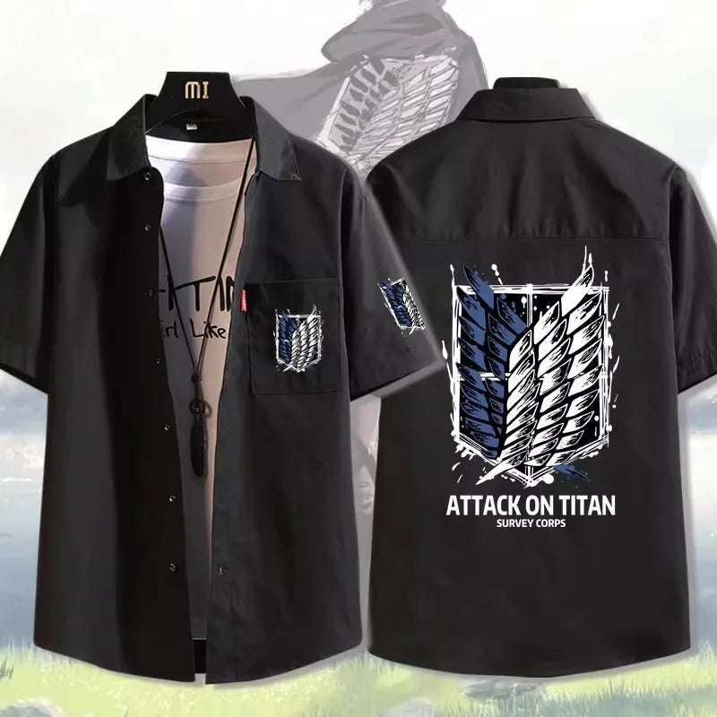 Attack on Titan: Casual Short Sleeve Shirt Loose Unisex Button Print Pattern Top