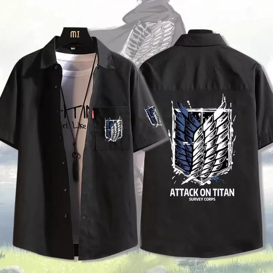 Attack on Titan: Casual Short Sleeve Shirt Loose Unisex Button Print Pattern Top