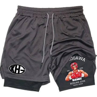 Hajime no Ippo: Compression Shorts  2 in 1 Performance Gym Shorts Pockets Quick Dry Running Workout Summer Sportwear