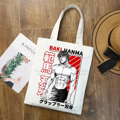 Baki Handbags Canvas The Grappler Anime Tote Bag Shopping Travel Eco Reusable Baki Hanma Shoulder Yujiro Hanma Shopper Bags