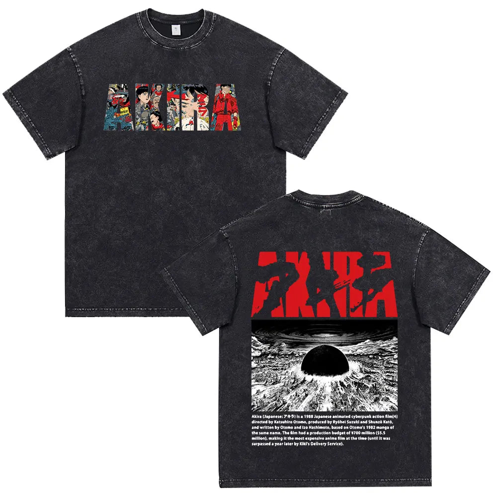 Akira: Washed Vintage T Shirt Science Fiction Cartoon Movie Shotaro Kaneda T-shirt Cotton Casual T-shirt