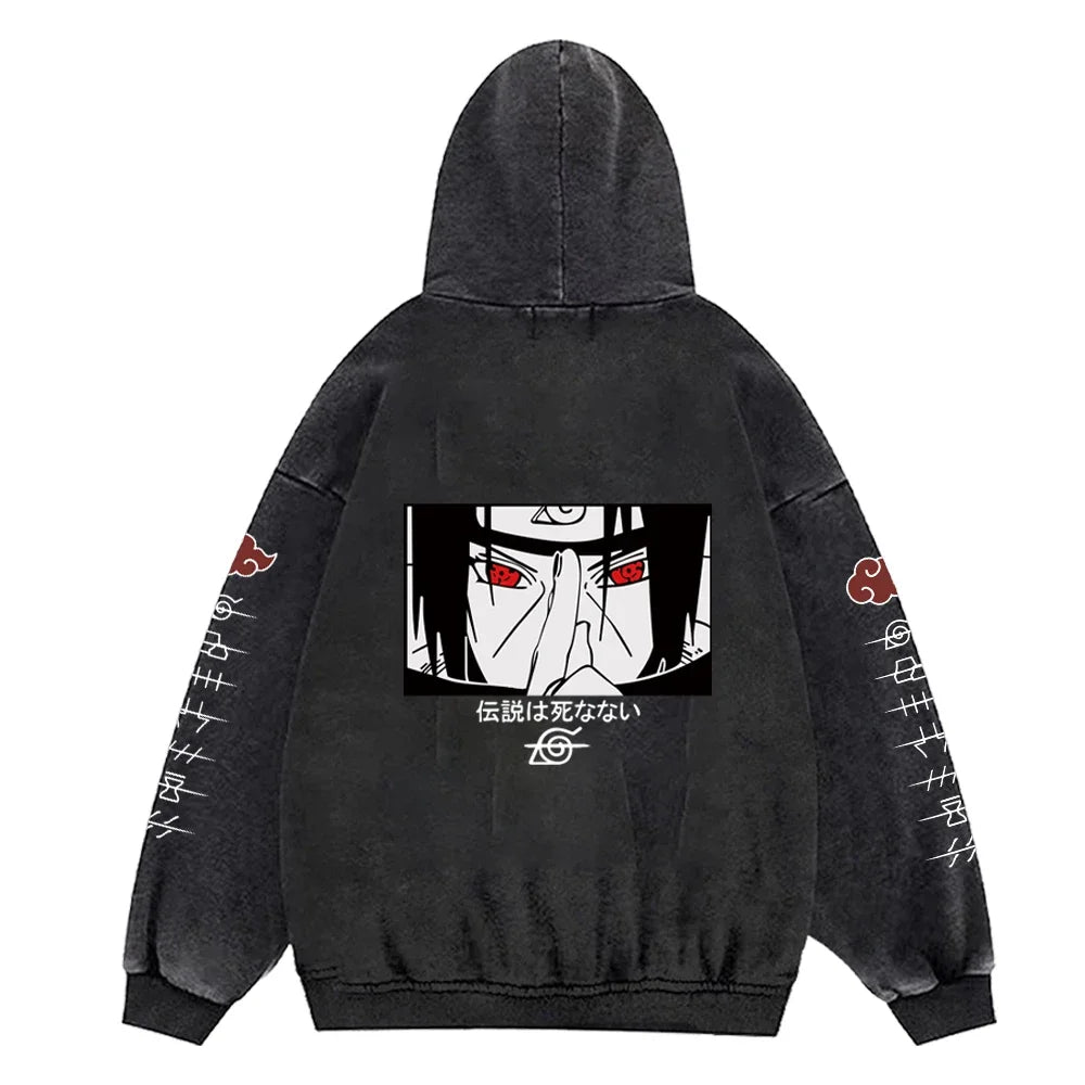 Anime Hoodies Men Women Gothic Manga Hooded Pullover Acid Wash Cotton Casual Sweatshirts Vintage Streetwear Men's Clothing