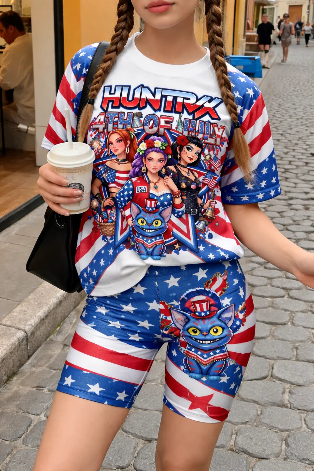 KPop Demon Hunters: Girls Purple Galaxy  2Pcs Outfit Anime Girl & Magic Cat Print Tee Neon Cat Pattern Biker Shorts Kids Summer Set