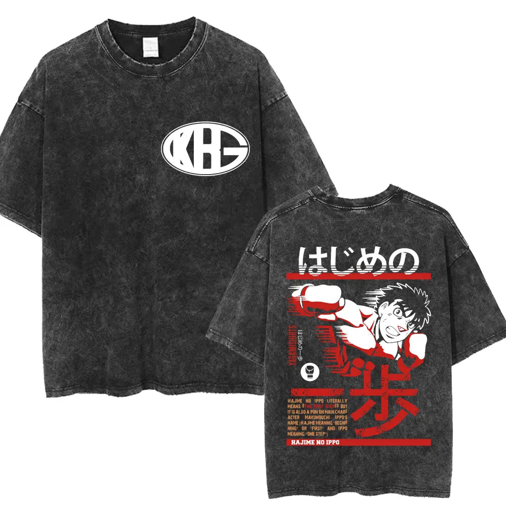Anime Ippo Makunouchi Manga Graphic Print T-shirt Retro Washed Cotton Oversized Men Women Summer Harajuku Fashion Casual New Tee