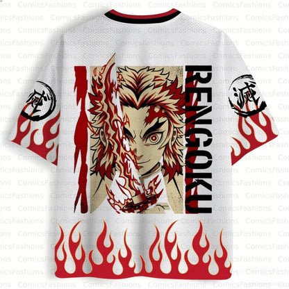 Demon Slayer: Kyojuro Rengoku Flame Hashira Oversize V-Neck Jersey Unisex Streetwear Daily Casual Outfit T-shirt for Anime Fans