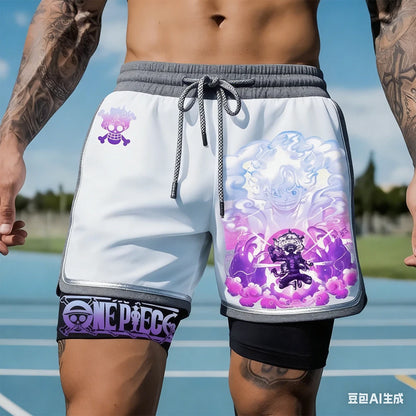 One Piece:  Men Double-layer Shorts Monkey D. Luffy Anime Fake Two-piece Sports Fitness Running Basketball Training Shorts