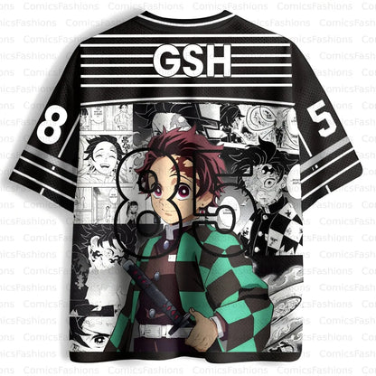 Demon Slayer: Kyojuro Rengoku Flame Hashira Oversize V-Neck Jersey Unisex Streetwear Daily Casual Outfit T-shirt for Anime Fans