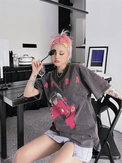 Akira: Vintage T-Shirt Summer Washed 100% Cotton Loose High Street Casual Men and Women Short Sleeve