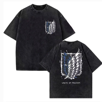 Attack on Titan: Vintage Washed Print T-shirt Mikasa Ackerman Eren Jaeger Wings of Freedom Mens High Quality Cotton T-shirts
