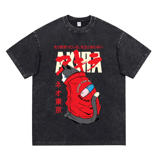 Akira: Washed Vintage T Shirt Science Fiction Cartoon Movie Shotaro Kaneda T-shirt Cotton Casual T-shirt