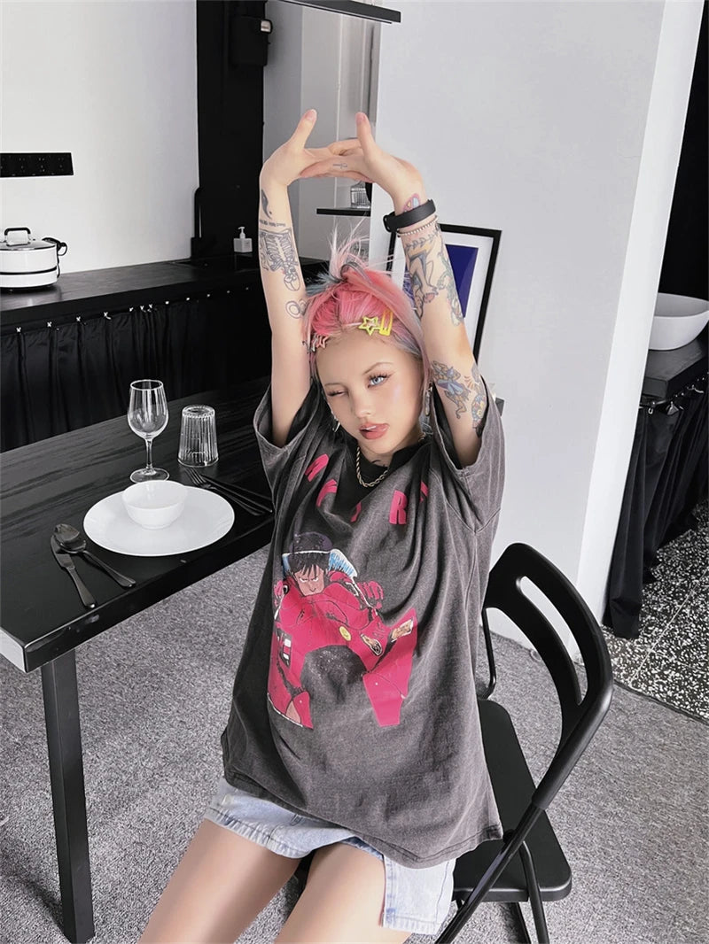 Akira: Vintage T-Shirt Summer Washed 100% Cotton Loose High Street Casual Men and Women Short Sleeve