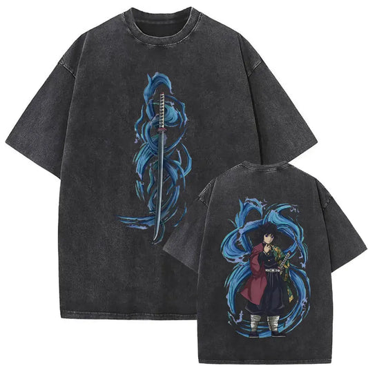 Demon Slayer: Washed Vintage Anime Akaza Graphic T-shirts Men Women Clothing Cotton Oversized Short Sleeve T Shirts Streetwear