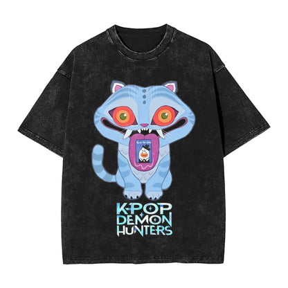 K-Pop Demon Hunters Washed T-Shirt Man Derpy Tiger Casual T-Shirts Summer Breathable Trendy Tee Shirt Design Plus Size Clothes