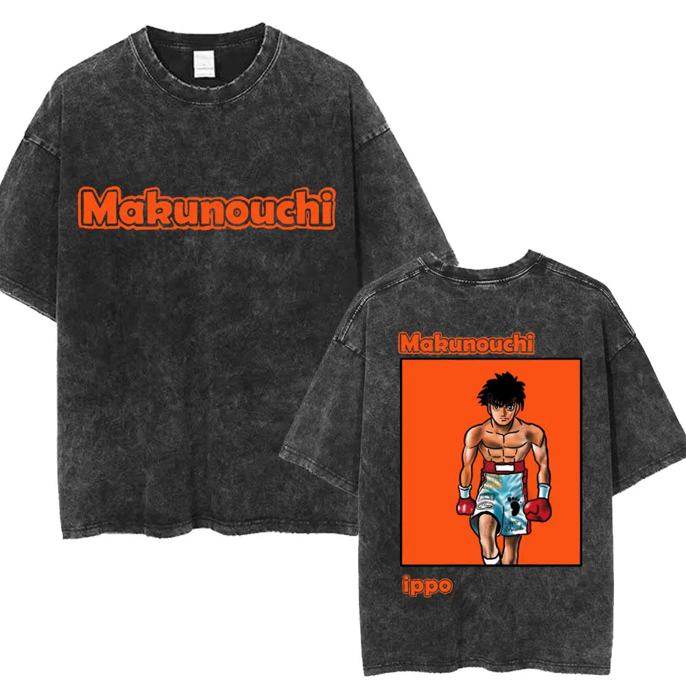 Anime Ippo Makunouchi Manga Graphic Print T-shirt Retro Washed Cotton Oversized Men Women Summer Harajuku Fashion Casual New Tee