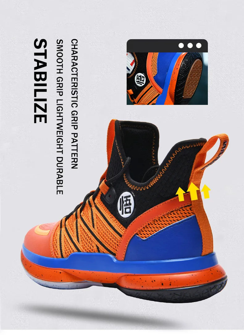 Dragon Ball Style Orange Mens Basketball Shoes Size 39-44 Air Cushioning Sport Sneakers Mesh Breathable Training Shoes