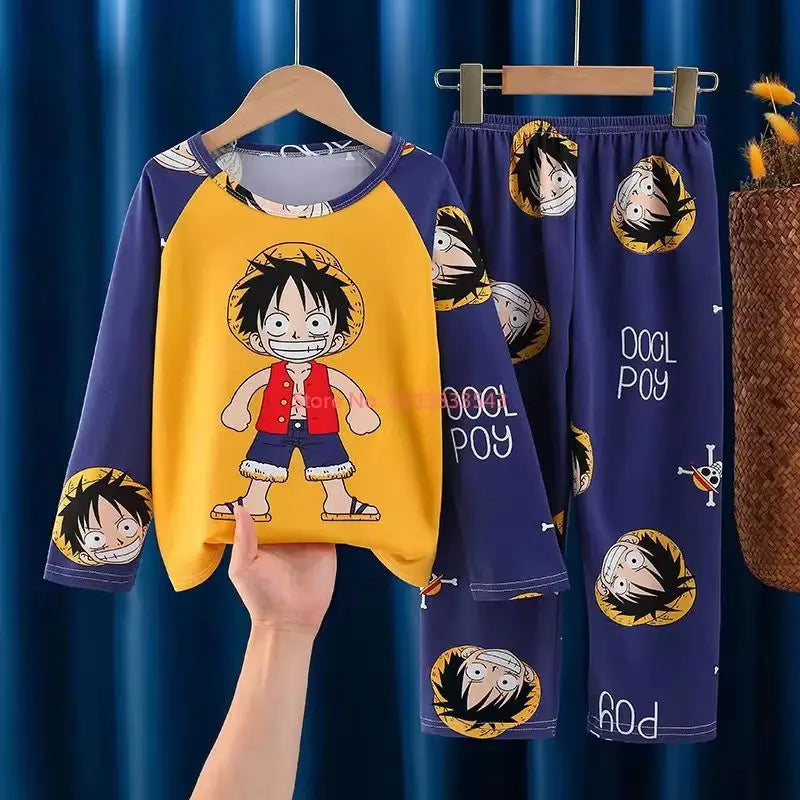 One Piece: Luffy Cute Cartoon Kids Pajamas Suit 3-14 Y Boys Autumn Thin Long Sleeves Home Clothes Sleepwear Set Kids Gift
