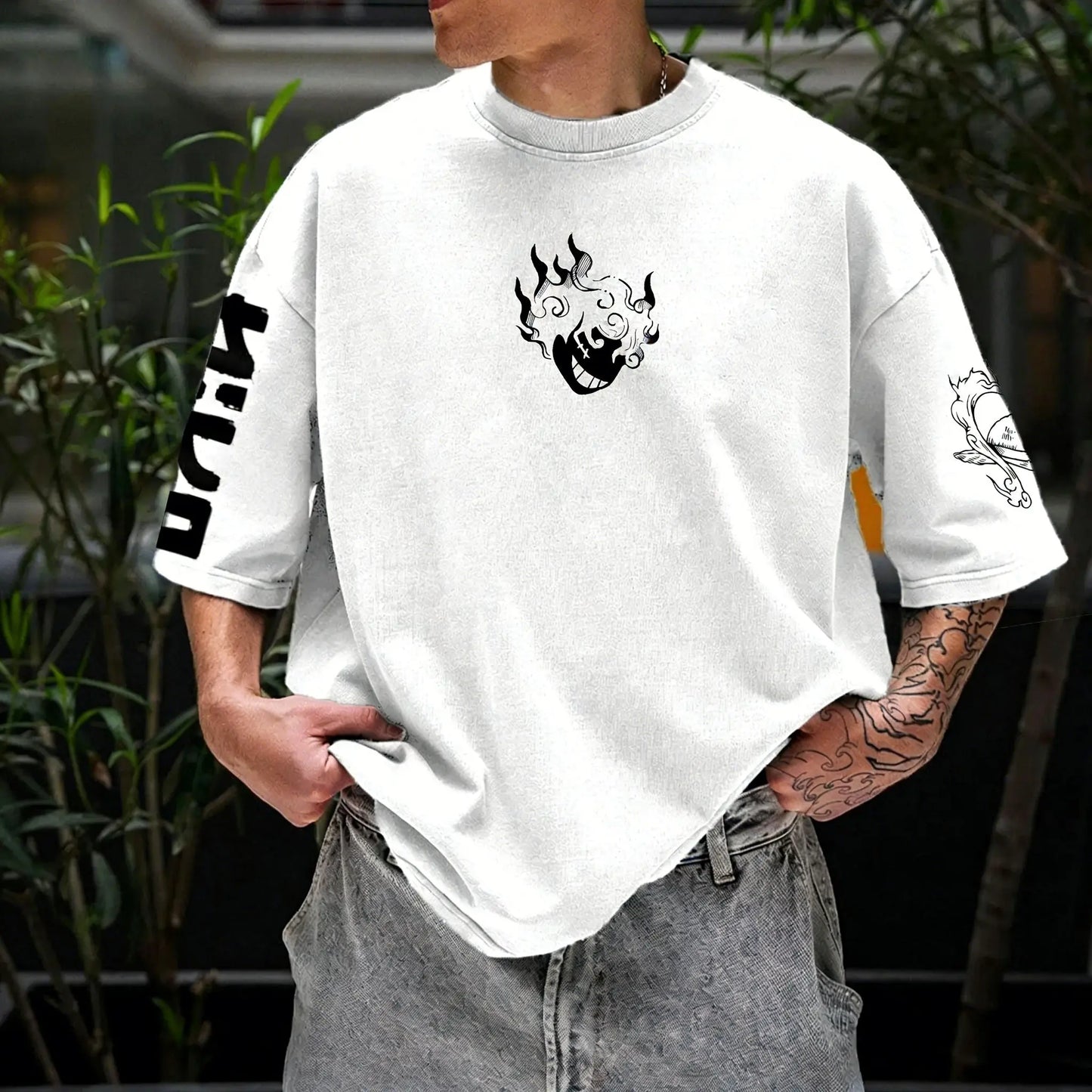 One Piece: Anime Printed Luffy Surrounding Round Neck Short Sleeve 2026 Spring/Summer Men's Loose Breathable Cotton T-shirt