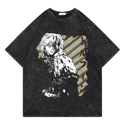 Vinland Saga: Vintage Washed Tshirt Graphic Print Hip Hop Streetwear Loose Y2k Summer Short Sleeve Harajuku 100% Cotton Top