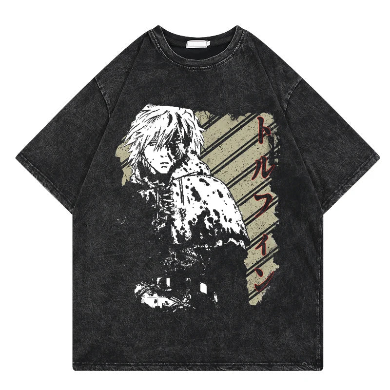 Vinland Saga: Vintage Washed Tshirt Graphic Print Hip Hop Streetwear Loose Y2k Summer Short Sleeve Harajuku 100% Cotton Top