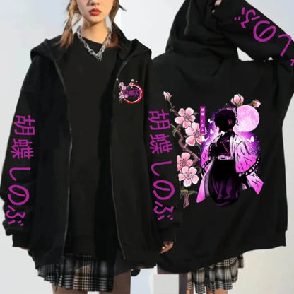 Demon Slayer Pattern Printed Sweatshirt Autumn/Winter Warm Long Sleeve Coat - Women's Fashion Zipper Sweater Hoodie