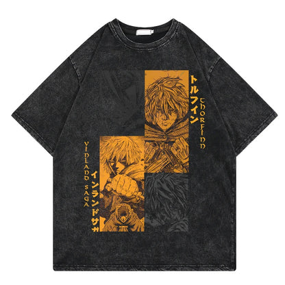 Vinland Saga: Vintage Washed Tshirt Graphic Print Hip Hop Streetwear Loose Y2k Summer Short Sleeve Harajuku 100% Cotton Top