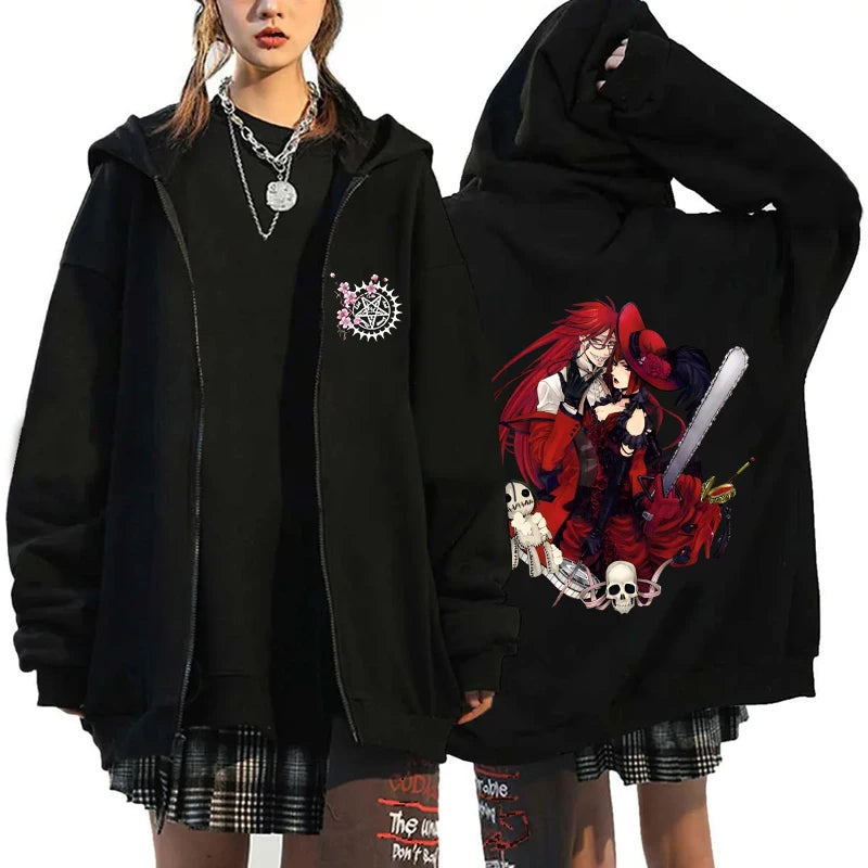 Anime Black Butler Michaelis Sebastian Phantomhive Ciel Print Hooded Men Women Hoodies Casual Sweatshirt Harajuku Zipper Jacket