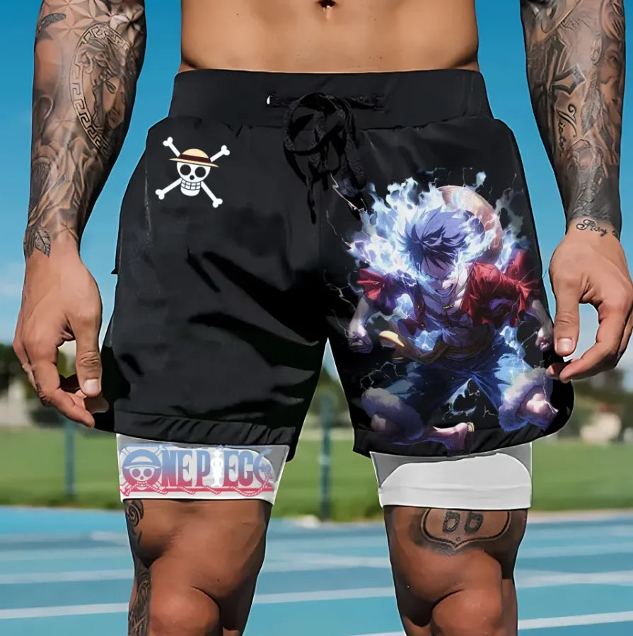 One Piece: Official character print shorts, retro Y2K anime beach shorts, quick-drying fabric, fitness and jogging