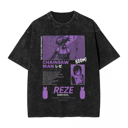 Chainsaw Man: Reze Graphic Printed T Shirt Men Women Washed Cotton Tshirts Vintage Casual T-shirt Harajuku Male Tops