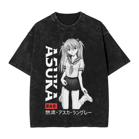 Neon Genesis Evangelion: EVA Asuka Langley Soryu Vintage Washed T-Shirt, Anime Graphic Streetwear, Oversized Cotton Tee for Men