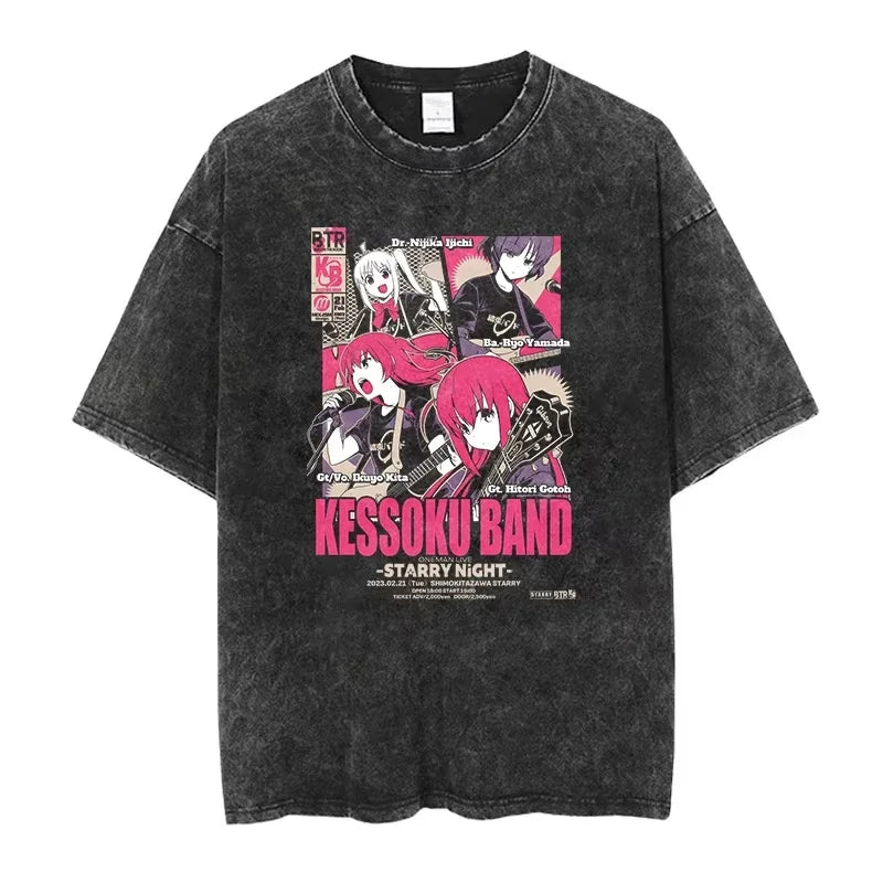 Bocchi The Rock: Manga Ryo Top Print Vintage T-Shirt Casual Basis O-Collar Black Shirt Short Sleeve Washed T-Shirt