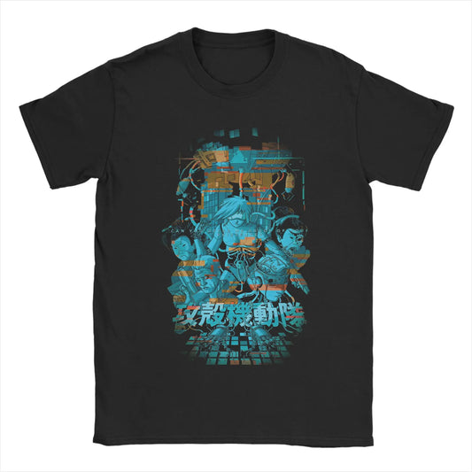 Ghost in the Shell: Major & Japanese Text Print T-Shirt Oversized Black Streetwear Cotton Tee Anime Sci-Fi Aesthetic