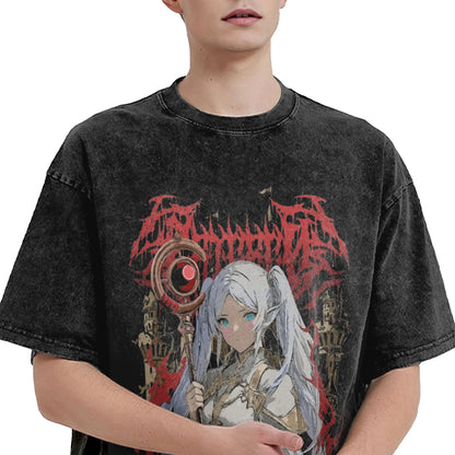 Frieren: The Slayer Heavy Metal Washed T Shirts Streetwear Hip Hop Retro T-Shirts  Tees for Men Women 100% Cotton Street Graphic