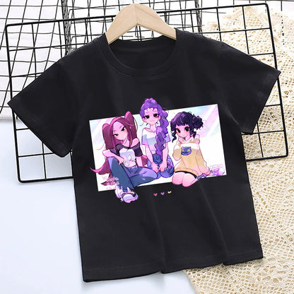 KPop Demon Hunters: T-shirt for Children Cartoon Black Tee Top Girls Round Collar Short Sleeve Clothes Kids Summer Clothing Gift