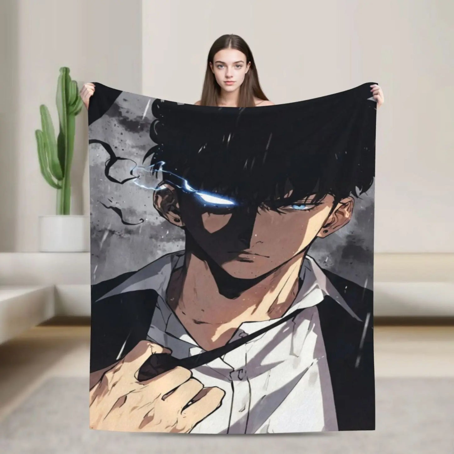 Solo Leveling: Printed Flannel Warm Anime Soft Blanket Bold Black and White Design For Sofa Living Room Office Season Travel Gift