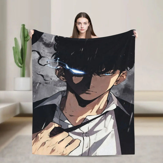Solo Leveling: Printed Flannel Warm Anime Soft Blanket Bold Black and White Design For Sofa Living Room Office Season Travel Gift