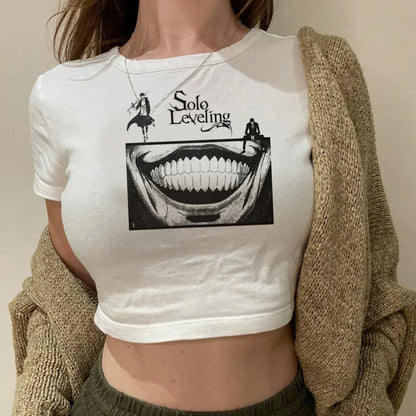 Solo Leveling: Levelling crop top gothic  summer cute Aesthetic 2000s harajuku coquette Streetwear babydoll woman t-shirt