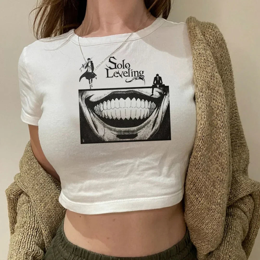 Solo Leveling: Levelling crop top gothic  summer cute Aesthetic 2000s harajuku coquette Streetwear babydoll woman t-shirt