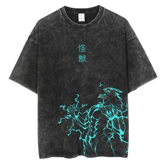 Kaiju No. 8 - Washed T-shirt Popular Anime  Printed T-shirt for Men   Cotton Washable T-shirt for Harajuku Men  Casual Top for Manga