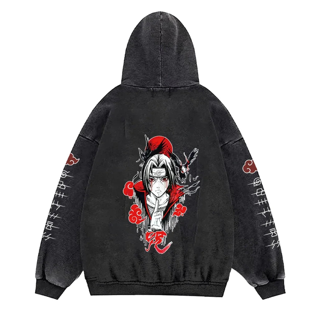 Anime Hoodies Men Women Gothic Manga Hooded Pullover Acid Wash Cotton Casual Sweatshirts Vintage Streetwear Men's Clothing