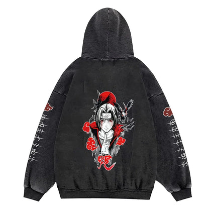 Anime Hoodies Men Women Gothic Manga Hooded Pullover Acid Wash Cotton Casual Sweatshirts Vintage Streetwear Men's Clothing